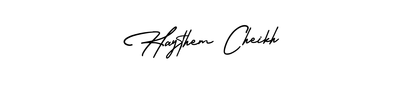 The best way (AmerikaSignatureDemo-Regular) to make a short signature is to pick only two or three words in your name. The name Haythem Cheikh include a total of six letters. For converting this name. Haythem Cheikh signature style 3 images and pictures png