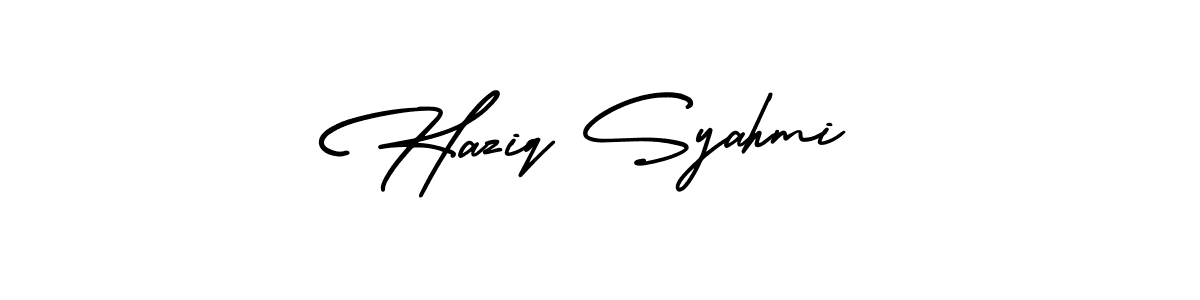 The best way (AmerikaSignatureDemo-Regular) to make a short signature is to pick only two or three words in your name. The name Haziq Syahmi include a total of six letters. For converting this name. Haziq Syahmi signature style 3 images and pictures png