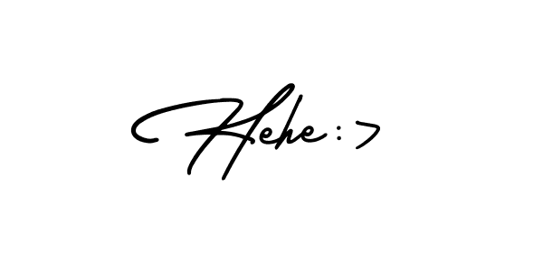 Make a beautiful signature design for name Hehe:>. With this signature (AmerikaSignatureDemo-Regular) style, you can create a handwritten signature for free. Hehe:> signature style 3 images and pictures png