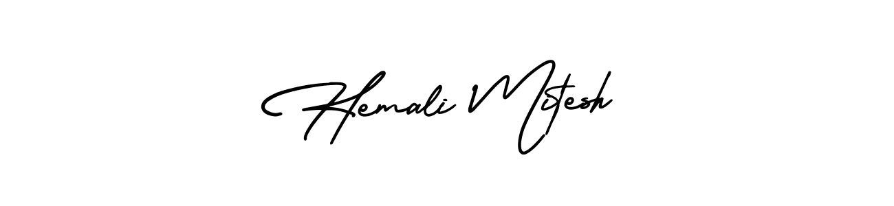 You should practise on your own different ways (AmerikaSignatureDemo-Regular) to write your name (Hemali Mitesh) in signature. don't let someone else do it for you. Hemali Mitesh signature style 3 images and pictures png