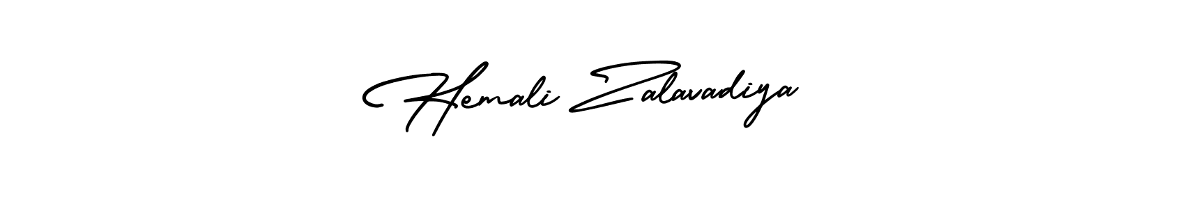 You should practise on your own different ways (AmerikaSignatureDemo-Regular) to write your name (Hemali Zalavadiya) in signature. don't let someone else do it for you. Hemali Zalavadiya signature style 3 images and pictures png