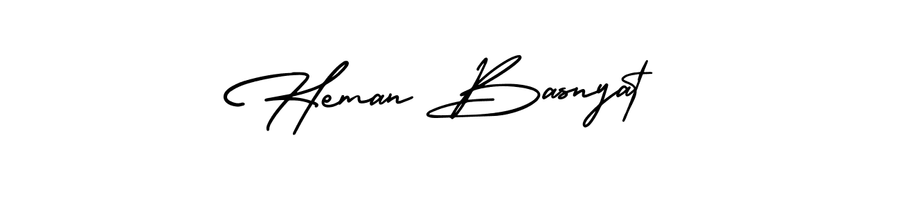 The best way (AmerikaSignatureDemo-Regular) to make a short signature is to pick only two or three words in your name. The name Heman Basnyat include a total of six letters. For converting this name. Heman Basnyat signature style 3 images and pictures png