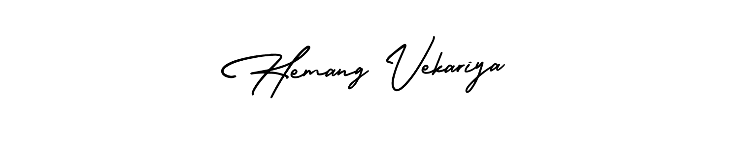 You should practise on your own different ways (AmerikaSignatureDemo-Regular) to write your name (Hemang Vekariya) in signature. don't let someone else do it for you. Hemang Vekariya signature style 3 images and pictures png