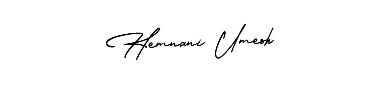 The best way (AmerikaSignatureDemo-Regular) to make a short signature is to pick only two or three words in your name. The name Hemnani Umesh include a total of six letters. For converting this name. Hemnani Umesh signature style 3 images and pictures png
