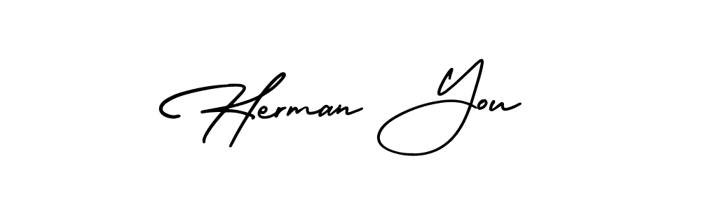 You should practise on your own different ways (AmerikaSignatureDemo-Regular) to write your name (Herman You) in signature. don't let someone else do it for you. Herman You signature style 3 images and pictures png