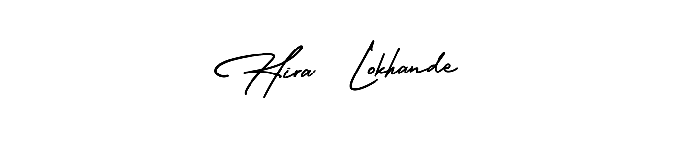 You should practise on your own different ways (AmerikaSignatureDemo-Regular) to write your name (Hira  Lokhande) in signature. don't let someone else do it for you. Hira  Lokhande signature style 3 images and pictures png
