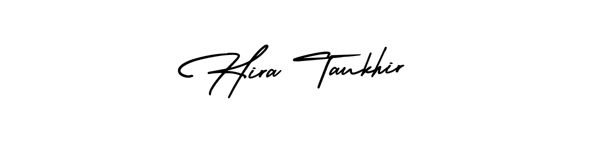 You should practise on your own different ways (AmerikaSignatureDemo-Regular) to write your name (Hira Taukhir) in signature. don't let someone else do it for you. Hira Taukhir signature style 3 images and pictures png