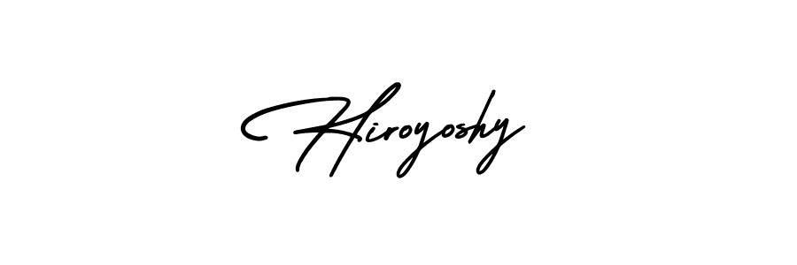The best way (AmerikaSignatureDemo-Regular) to make a short signature is to pick only two or three words in your name. The name Hiroyoshy include a total of six letters. For converting this name. Hiroyoshy signature style 3 images and pictures png