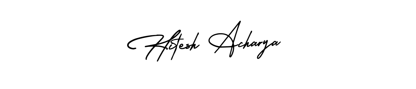 You should practise on your own different ways (AmerikaSignatureDemo-Regular) to write your name (Hitesh Acharya) in signature. don't let someone else do it for you. Hitesh Acharya signature style 3 images and pictures png