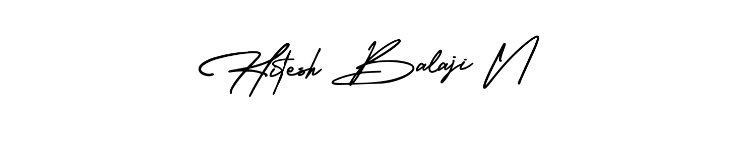 You should practise on your own different ways (AmerikaSignatureDemo-Regular) to write your name (Hitesh Balaji N) in signature. don't let someone else do it for you. Hitesh Balaji N signature style 3 images and pictures png