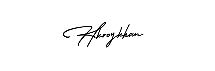 You should practise on your own different ways (AmerikaSignatureDemo-Regular) to write your name (Hkroykhan) in signature. don't let someone else do it for you. Hkroykhan signature style 3 images and pictures png