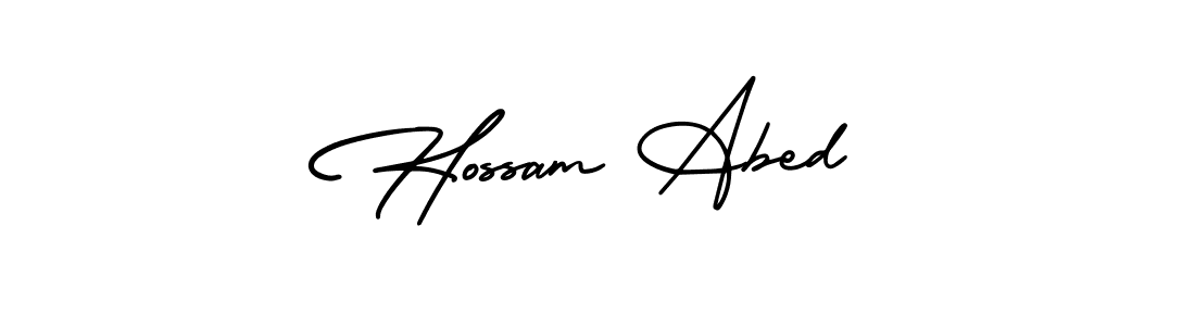 You should practise on your own different ways (AmerikaSignatureDemo-Regular) to write your name (Hossam Abed) in signature. don't let someone else do it for you. Hossam Abed signature style 3 images and pictures png