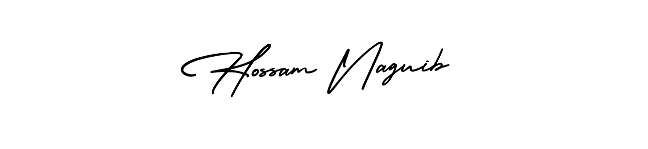 You should practise on your own different ways (AmerikaSignatureDemo-Regular) to write your name (Hossam Naguib) in signature. don't let someone else do it for you. Hossam Naguib signature style 3 images and pictures png