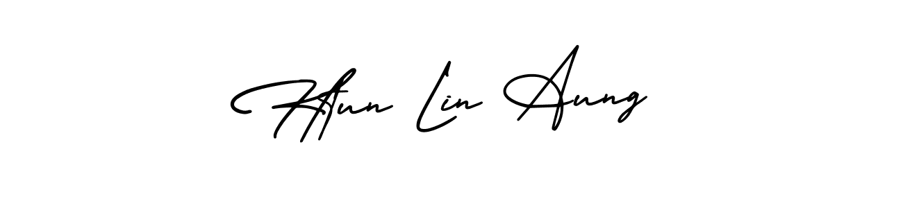 You should practise on your own different ways (AmerikaSignatureDemo-Regular) to write your name (Htun Lin Aung) in signature. don't let someone else do it for you. Htun Lin Aung signature style 3 images and pictures png