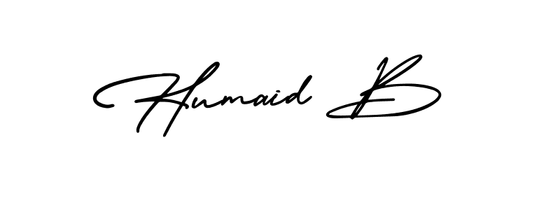 You should practise on your own different ways (AmerikaSignatureDemo-Regular) to write your name (Humaid B) in signature. don't let someone else do it for you. Humaid B signature style 3 images and pictures png