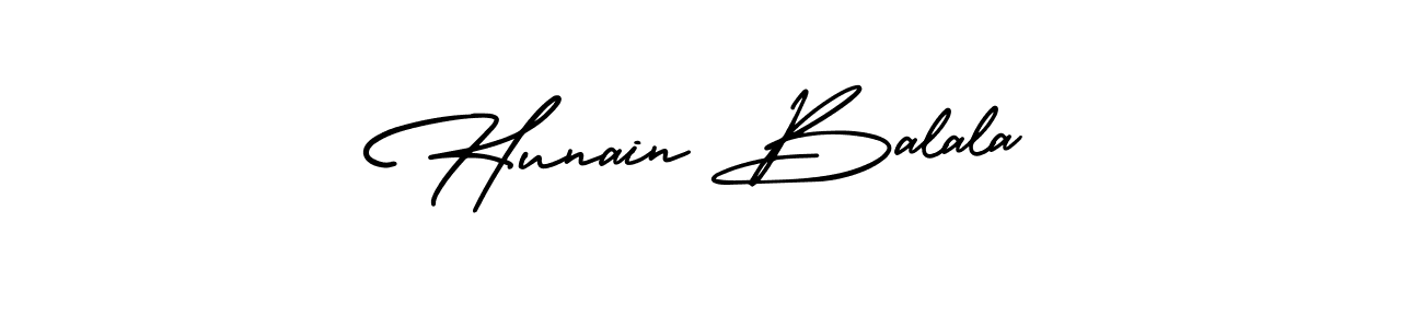 You should practise on your own different ways (AmerikaSignatureDemo-Regular) to write your name (Hunain Balala) in signature. don't let someone else do it for you. Hunain Balala signature style 3 images and pictures png