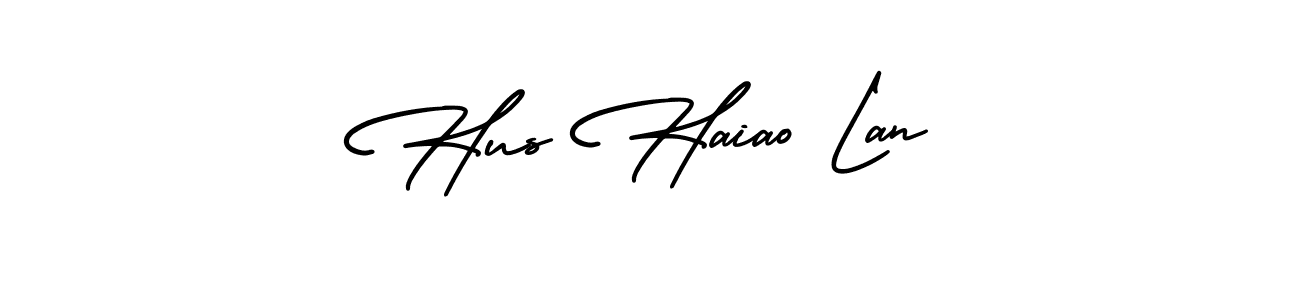 You should practise on your own different ways (AmerikaSignatureDemo-Regular) to write your name (Hus Haiao Lan) in signature. don't let someone else do it for you. Hus Haiao Lan signature style 3 images and pictures png