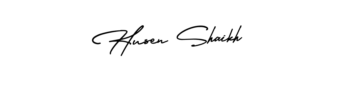 The best way (AmerikaSignatureDemo-Regular) to make a short signature is to pick only two or three words in your name. The name Husen Shaikh include a total of six letters. For converting this name. Husen Shaikh signature style 3 images and pictures png