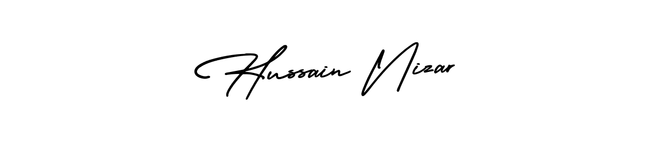 The best way (AmerikaSignatureDemo-Regular) to make a short signature is to pick only two or three words in your name. The name Hussain Nizar include a total of six letters. For converting this name. Hussain Nizar signature style 3 images and pictures png