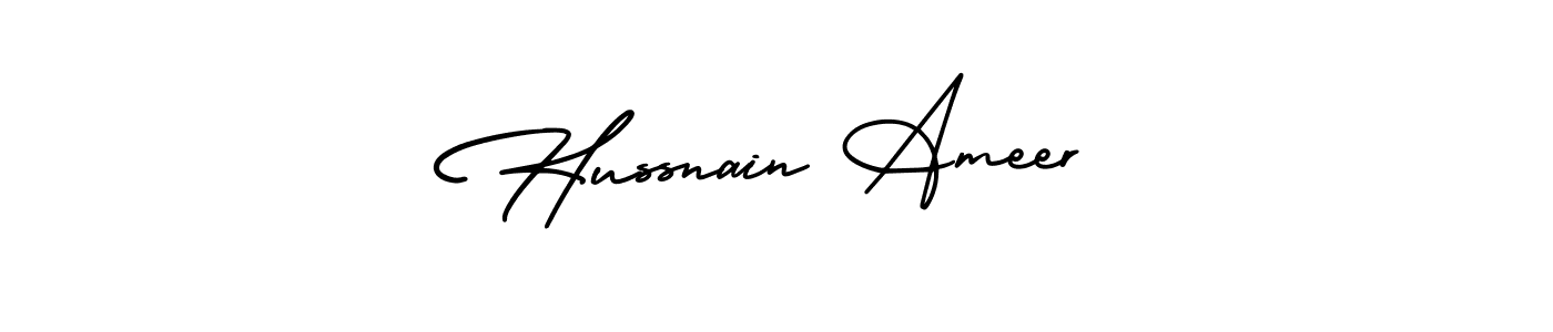 You should practise on your own different ways (AmerikaSignatureDemo-Regular) to write your name (Hussnain Ameer) in signature. don't let someone else do it for you. Hussnain Ameer signature style 3 images and pictures png