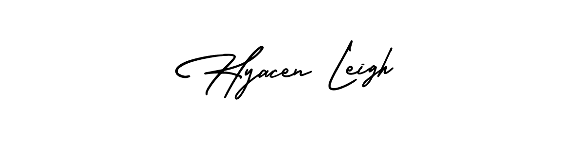 You should practise on your own different ways (AmerikaSignatureDemo-Regular) to write your name (Hyacen Leigh) in signature. don't let someone else do it for you. Hyacen Leigh signature style 3 images and pictures png