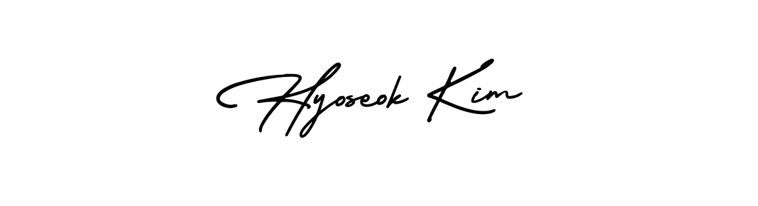 You should practise on your own different ways (AmerikaSignatureDemo-Regular) to write your name (Hyoseok Kim) in signature. don't let someone else do it for you. Hyoseok Kim signature style 3 images and pictures png