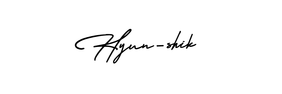 The best way (AmerikaSignatureDemo-Regular) to make a short signature is to pick only two or three words in your name. The name Hyun-shik include a total of six letters. For converting this name. Hyun-shik signature style 3 images and pictures png