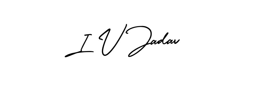 You should practise on your own different ways (AmerikaSignatureDemo-Regular) to write your name (I V Jadav) in signature. don't let someone else do it for you. I V Jadav signature style 3 images and pictures png