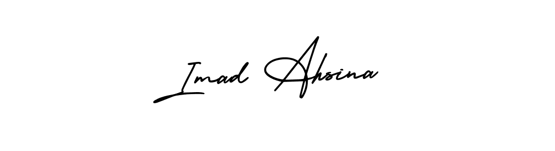 You should practise on your own different ways (AmerikaSignatureDemo-Regular) to write your name (Imad Ahsina) in signature. don't let someone else do it for you. Imad Ahsina signature style 3 images and pictures png