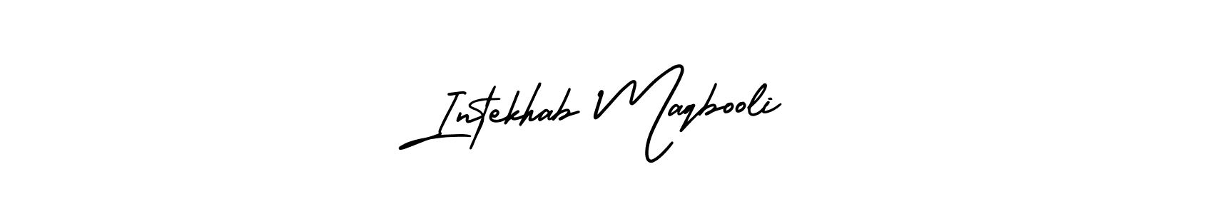This is the best signature style for the Intekhab Maqbooli name. Also you like these signature font (AmerikaSignatureDemo-Regular). Mix name signature. Intekhab Maqbooli signature style 3 images and pictures png