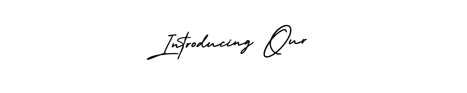 You should practise on your own different ways (AmerikaSignatureDemo-Regular) to write your name (Introducing Our) in signature. don't let someone else do it for you. Introducing Our signature style 3 images and pictures png