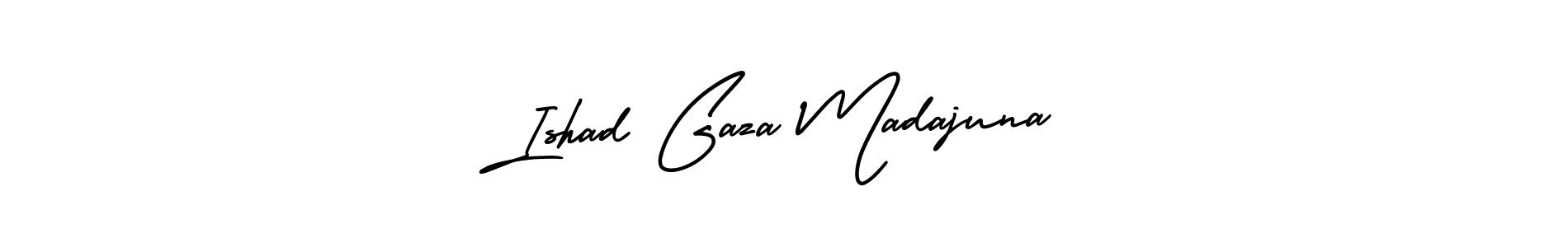 You should practise on your own different ways (AmerikaSignatureDemo-Regular) to write your name (Ishad Gaza Madajuna) in signature. don't let someone else do it for you. Ishad Gaza Madajuna signature style 3 images and pictures png