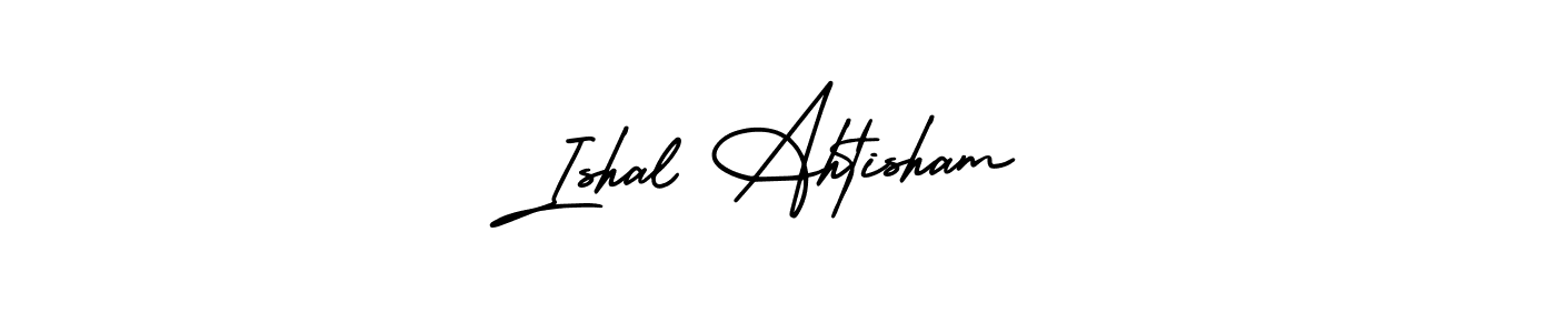 You should practise on your own different ways (AmerikaSignatureDemo-Regular) to write your name (Ishal Ahtisham) in signature. don't let someone else do it for you. Ishal Ahtisham signature style 3 images and pictures png