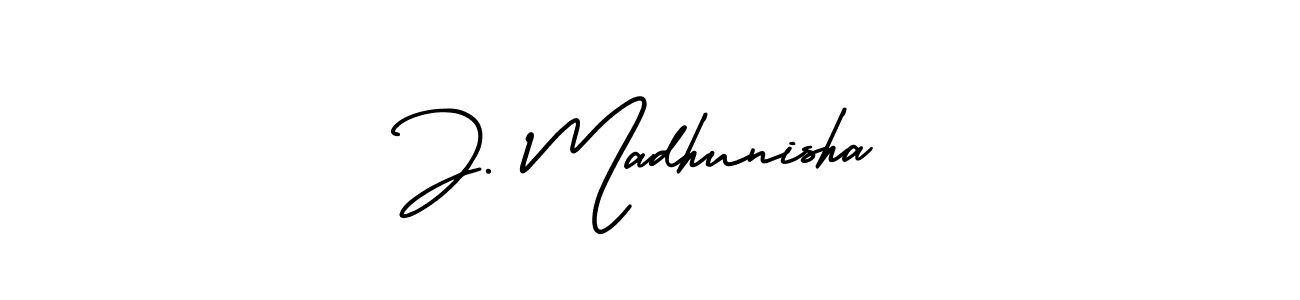 You should practise on your own different ways (AmerikaSignatureDemo-Regular) to write your name (J. Madhunisha) in signature. don't let someone else do it for you. J. Madhunisha signature style 3 images and pictures png