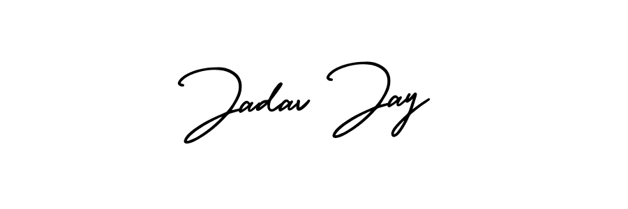 You should practise on your own different ways (AmerikaSignatureDemo-Regular) to write your name (Jadav Jay) in signature. don't let someone else do it for you. Jadav Jay signature style 3 images and pictures png