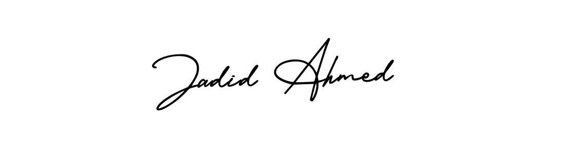 You should practise on your own different ways (AmerikaSignatureDemo-Regular) to write your name (Jadid Ahmed) in signature. don't let someone else do it for you. Jadid Ahmed signature style 3 images and pictures png