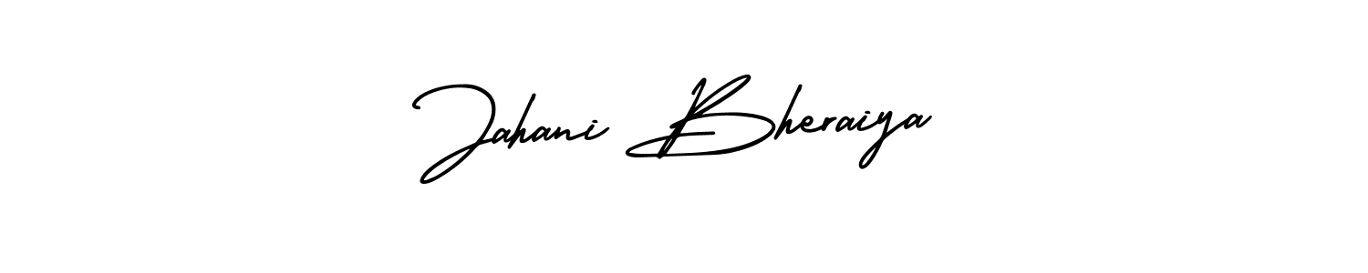 You should practise on your own different ways (AmerikaSignatureDemo-Regular) to write your name (Jahani Bheraiya) in signature. don't let someone else do it for you. Jahani Bheraiya signature style 3 images and pictures png