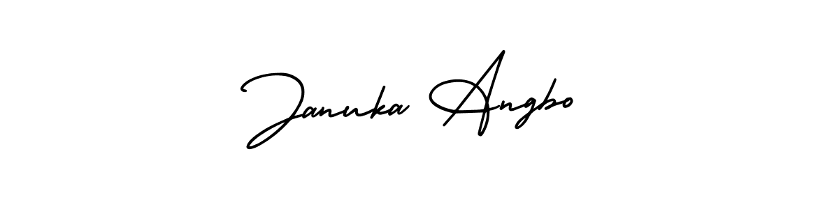 You should practise on your own different ways (AmerikaSignatureDemo-Regular) to write your name (Januka Angbo) in signature. don't let someone else do it for you. Januka Angbo signature style 3 images and pictures png