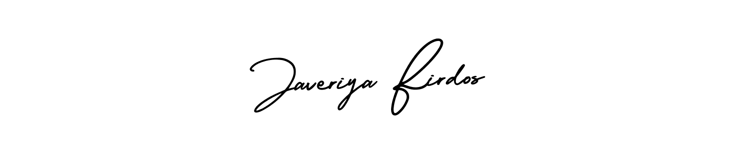 You should practise on your own different ways (AmerikaSignatureDemo-Regular) to write your name (Javeriya Firdos) in signature. don't let someone else do it for you. Javeriya Firdos signature style 3 images and pictures png