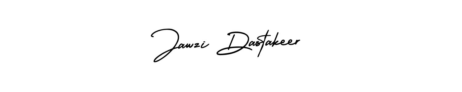 You should practise on your own different ways (AmerikaSignatureDemo-Regular) to write your name (Jawzi Dastakeer) in signature. don't let someone else do it for you. Jawzi Dastakeer signature style 3 images and pictures png