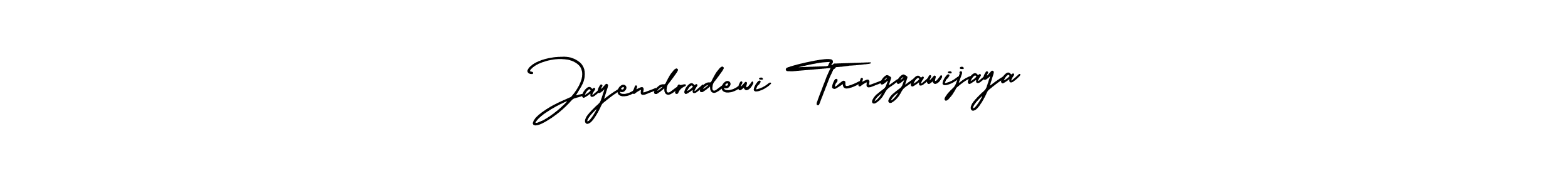 You should practise on your own different ways (AmerikaSignatureDemo-Regular) to write your name (Jayendradewi Tunggawijaya) in signature. don't let someone else do it for you. Jayendradewi Tunggawijaya signature style 3 images and pictures png