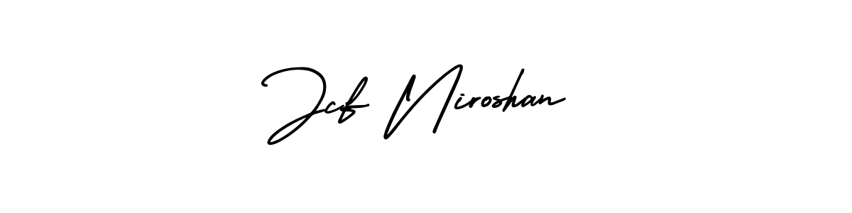 You should practise on your own different ways (AmerikaSignatureDemo-Regular) to write your name (Jcf Niroshan) in signature. don't let someone else do it for you. Jcf Niroshan signature style 3 images and pictures png