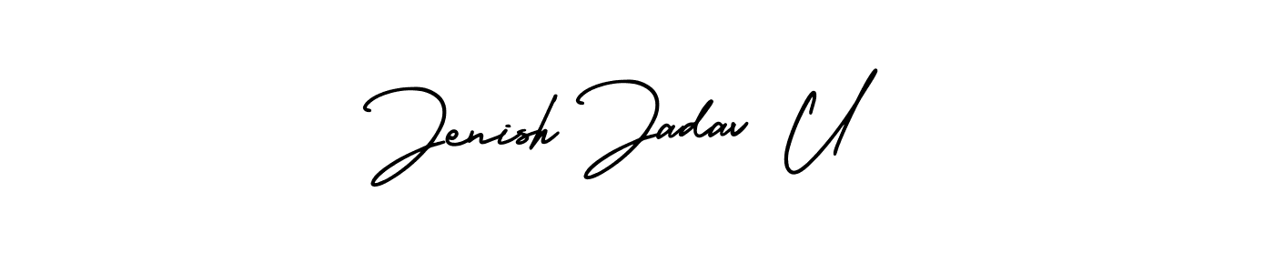 This is the best signature style for the Jenish Jadav U name. Also you like these signature font (AmerikaSignatureDemo-Regular). Mix name signature. Jenish Jadav U signature style 3 images and pictures png