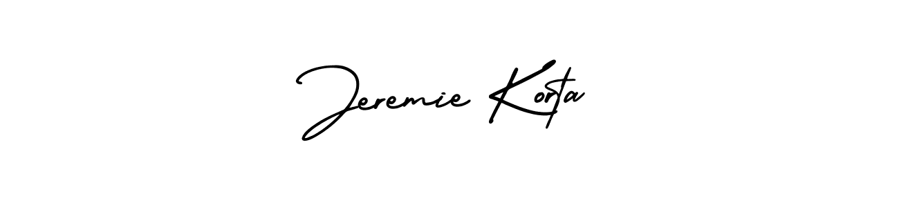 You should practise on your own different ways (AmerikaSignatureDemo-Regular) to write your name (Jeremie Korta) in signature. don't let someone else do it for you. Jeremie Korta signature style 3 images and pictures png