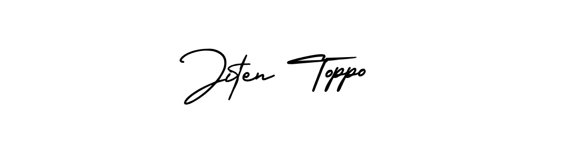 The best way (AmerikaSignatureDemo-Regular) to make a short signature is to pick only two or three words in your name. The name Jiten Toppo include a total of six letters. For converting this name. Jiten Toppo signature style 3 images and pictures png