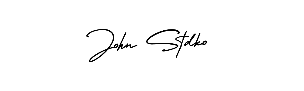 You should practise on your own different ways (AmerikaSignatureDemo-Regular) to write your name (John Stdko) in signature. don't let someone else do it for you. John Stdko signature style 3 images and pictures png