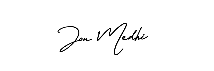 You should practise on your own different ways (AmerikaSignatureDemo-Regular) to write your name (Jon Medhi) in signature. don't let someone else do it for you. Jon Medhi signature style 3 images and pictures png