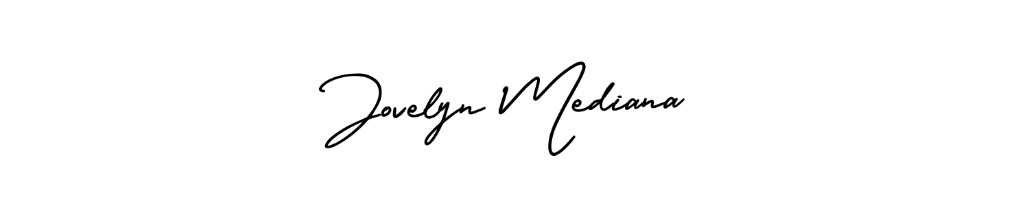 You should practise on your own different ways (AmerikaSignatureDemo-Regular) to write your name (Jovelyn Mediana) in signature. don't let someone else do it for you. Jovelyn Mediana signature style 3 images and pictures png
