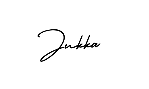 How to make Jukka name signature. Use AmerikaSignatureDemo-Regular style for creating short signs online. This is the latest handwritten sign. Jukka signature style 3 images and pictures png