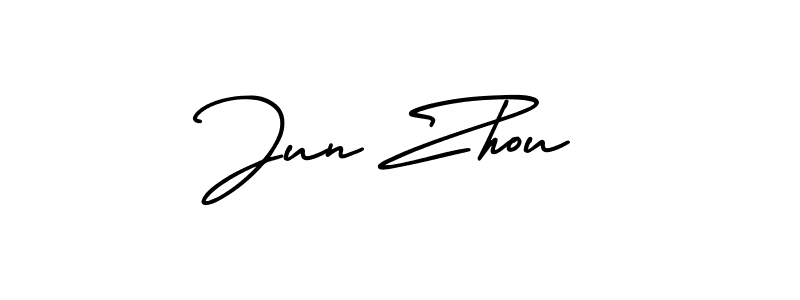 How to make Jun Zhou name signature. Use AmerikaSignatureDemo-Regular style for creating short signs online. This is the latest handwritten sign. Jun Zhou signature style 3 images and pictures png
